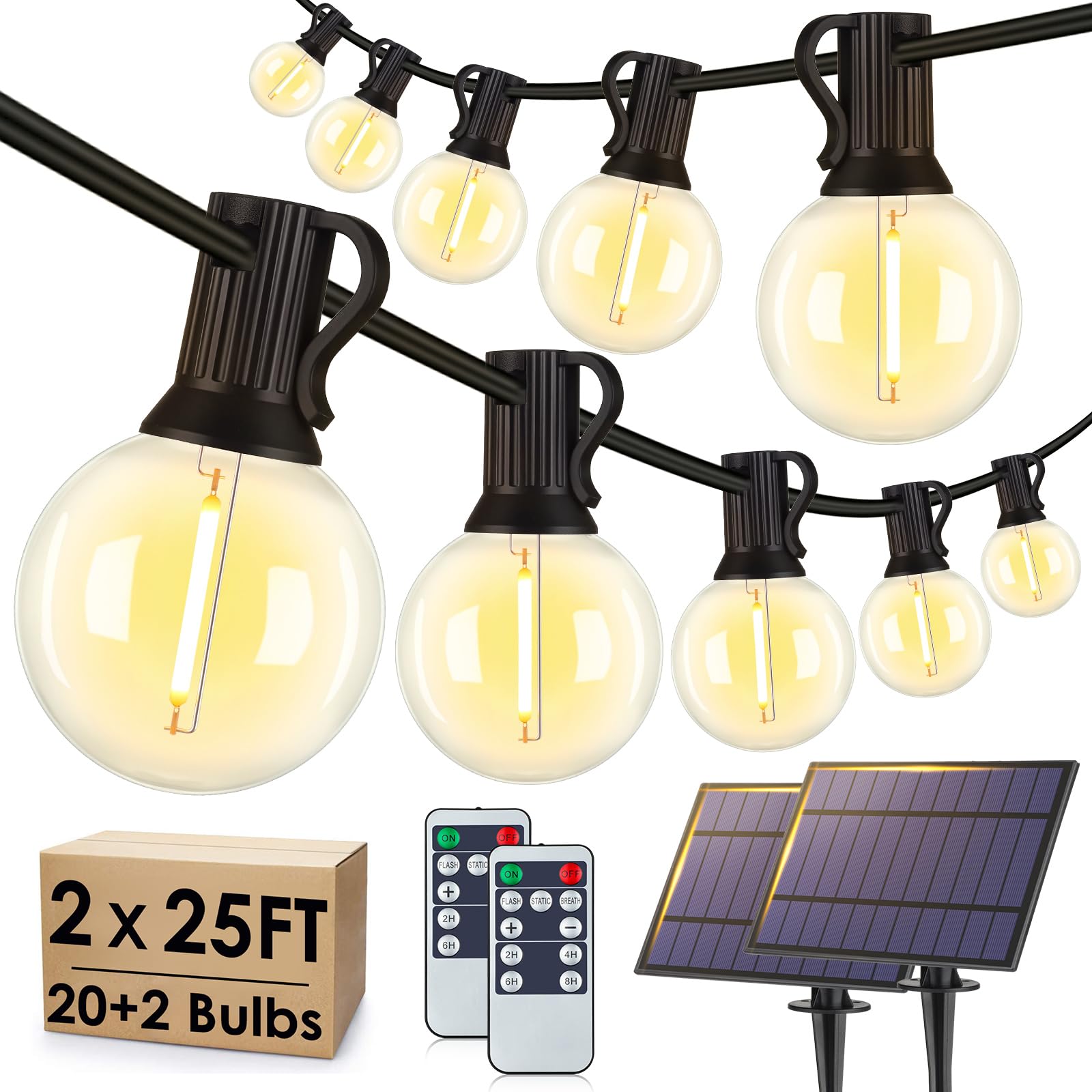 Larkvue Solar-Lichterkette für den Außenbereich, mit Fernbedienung, wasserdicht, dimmbar, 3 Modi, Terrassenlichter mit 20 + 2 LED G40 Glühbirnen für Café, Bistro, Schwarz