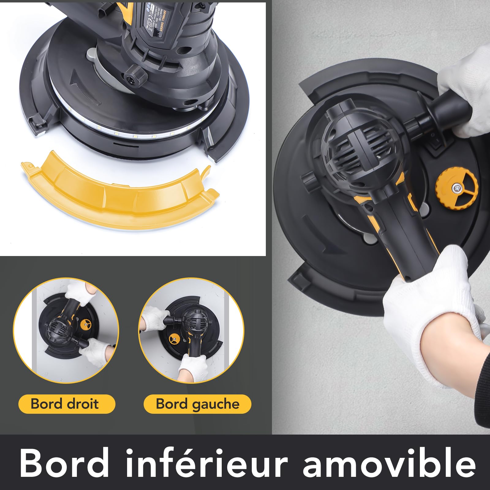 Ponceuse murale pour cloisons sèches 900W,1400-2700RPM,LED Poignée télescopique Moteur, 5 Niveaux Vitesses,grosse et fine abrasion,Lumière LED,Sac à Poussière et Tuyau et 12 Disques de Ponçage