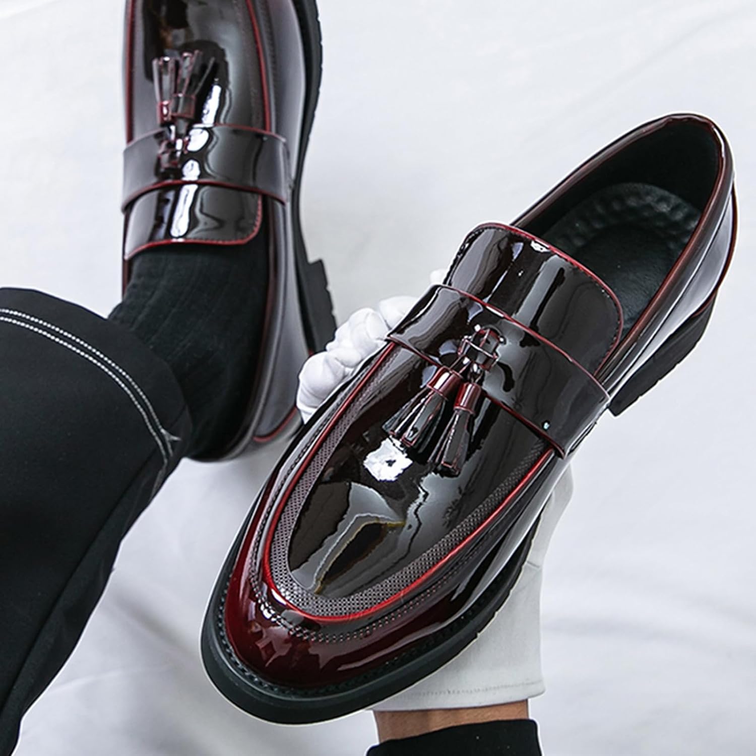 Mens Patent Leather Tassel Loafers Fashion Comfy Slip On Low Block Heel Penny Shoes for Dressy Business Work Party Prom