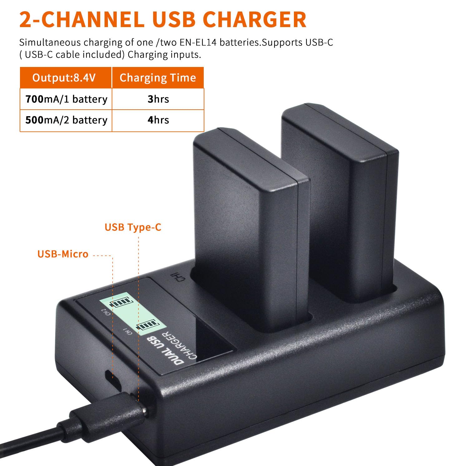 QUMOX EN-EL14 EN-EL14a Batterie (Paquet de 2) et Double Chargeur USB LCD Compact pour Appareil Photo Nikon D5500, D5300, D3300, D5100, D5200, D3100, Nikon DF, D3200, P7100, P7700