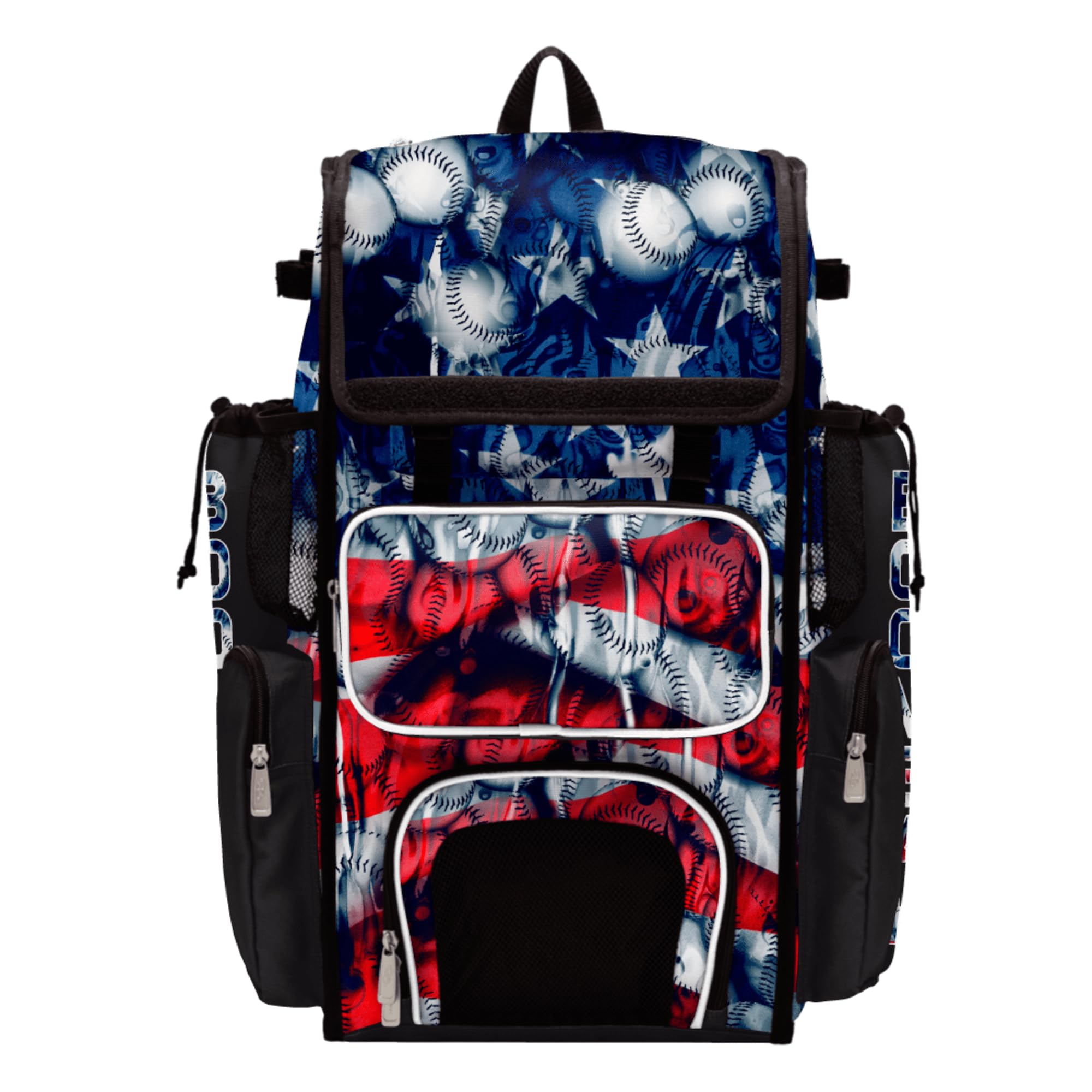 Boombah Superpack Bat Bag - Backpack Version (no wheels) - Holds 4 Bats - USA Baseball Ballpark Black/Royal Blue/Red
