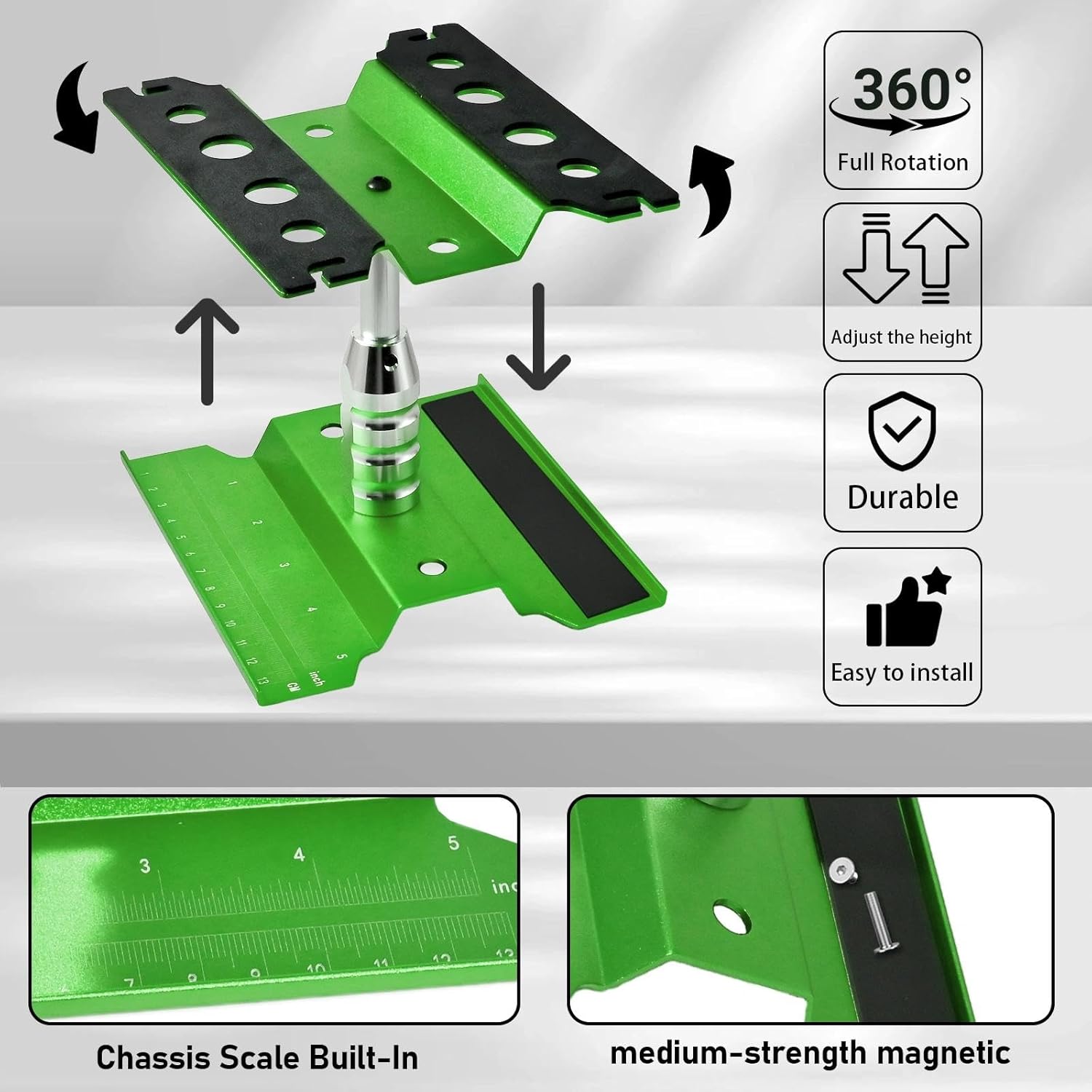 Rc Car Stand with Lit Lower Adjustable & 360'Rotatable, Rc Stand Repair Station with Shock Holder for TraxxasTRX4 Arrma Losi Axial Hsp Hbx Mix Wltoys, Wrenching On 1/8 1/10 1/12 1/14 Rc Rig Green