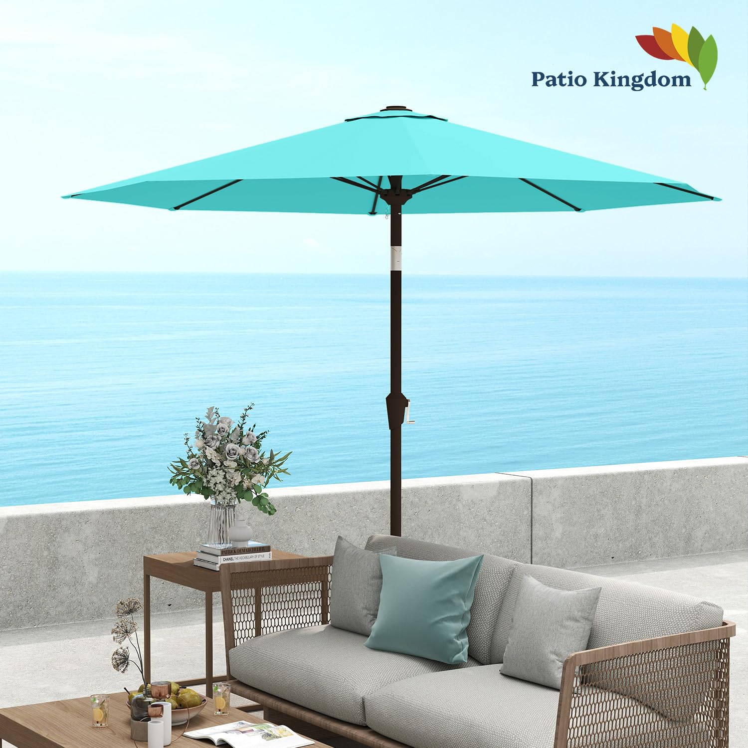 Patio Kingdom 9FT Patio Umbrella with Fiberglass Ribs, Outdoor Market Table Umbrella with Crank and Tilt, UV Resistant Waterproof Canopy for Patio, Garden, Deck, Pool, Aqua Blue : Patio, Lawn