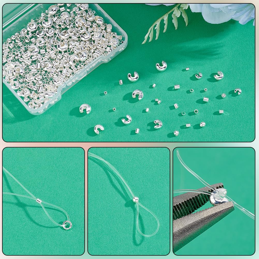 Beebeecraft 650Pcs 3 Styles Crimp Beads for Jewelry Making Mixed Sizes 925 Sterling Silver Plated Brass Tube & Round Crimping Beads Stopper Crimp Knot Covers for Bracelet DIY Supplies Findings Kit