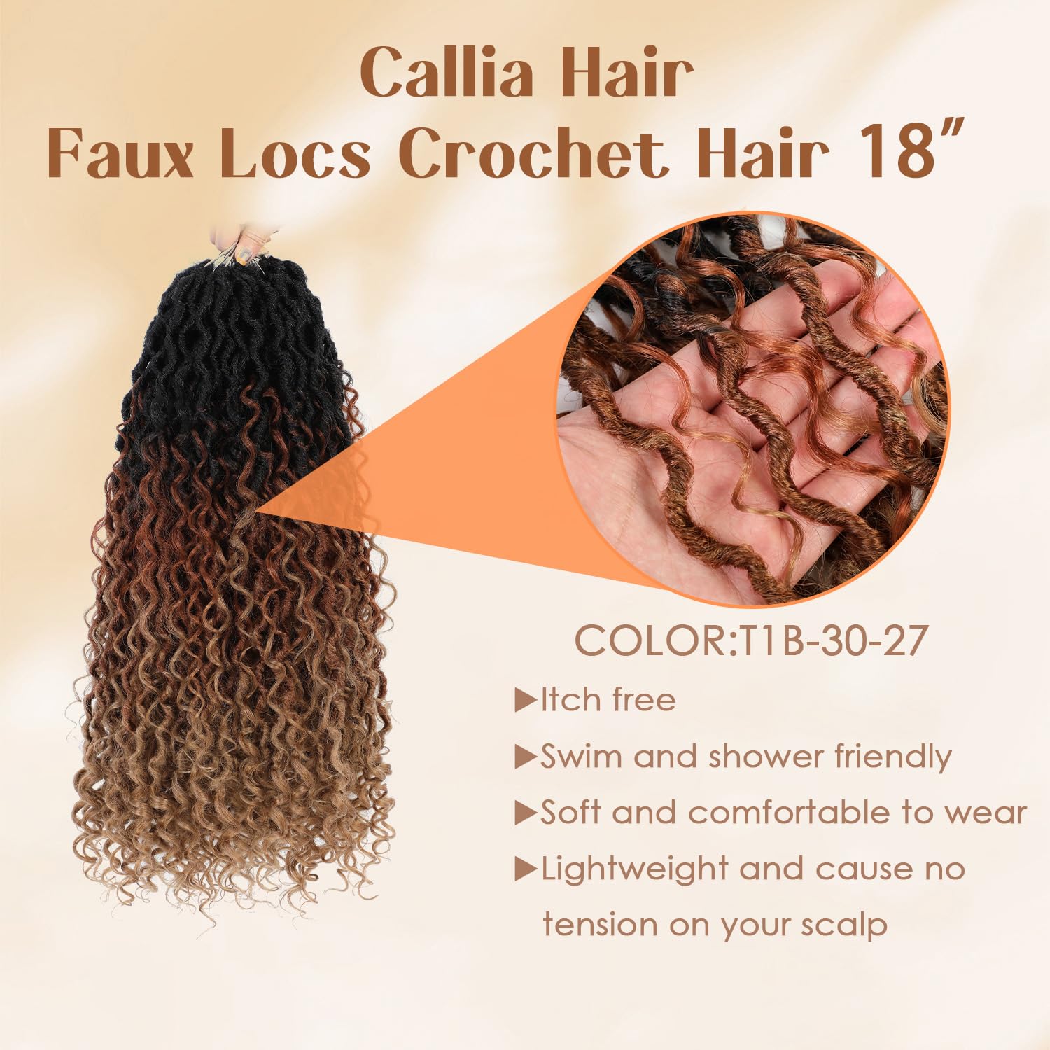 Callia Faux Locs Crochet Hair 18 Inch 8 Packs Goddess Locs Crochet Hair for Black Women Pre Looped Crochet Faux Locs with Curly Ends T1B/30/27