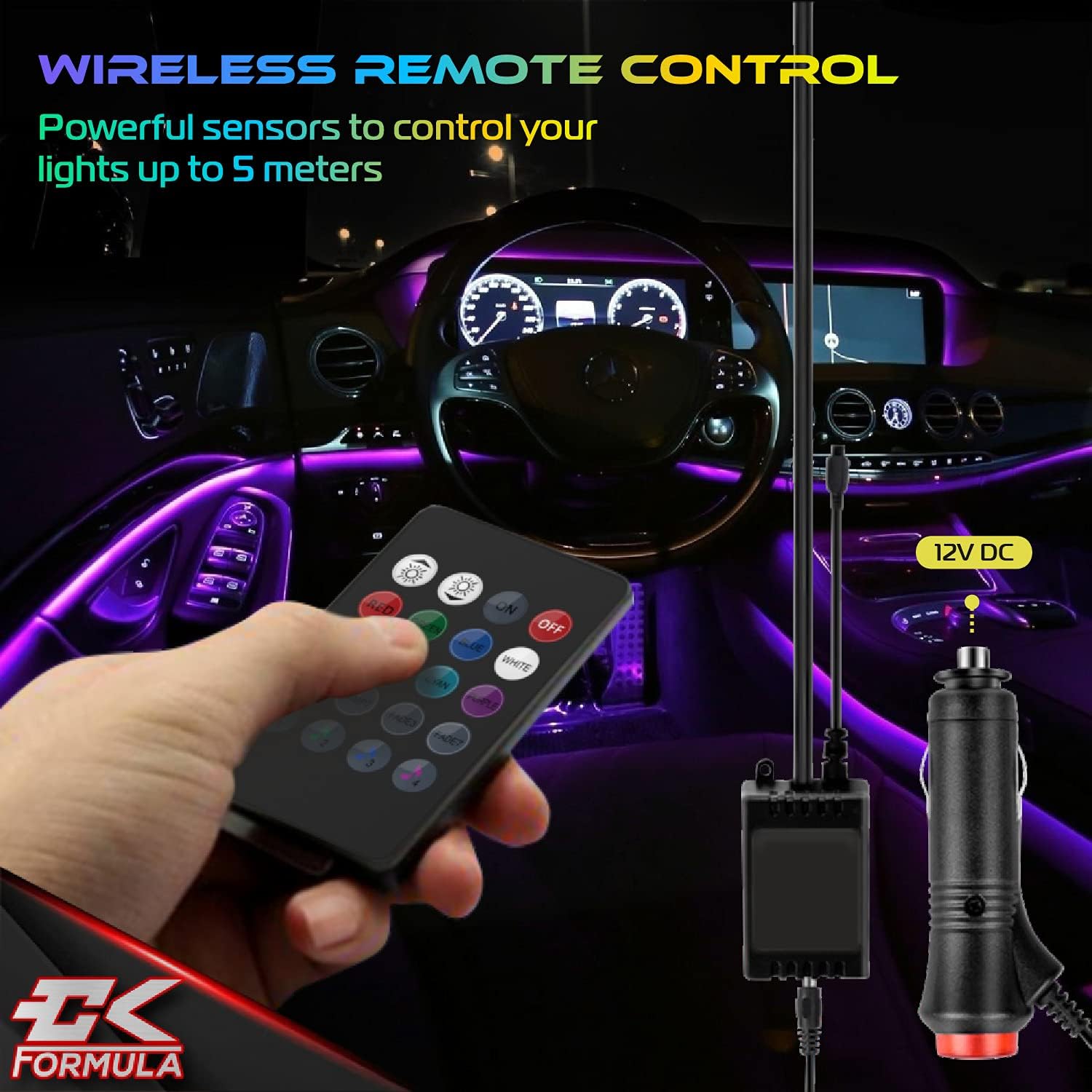 CK Formula Interior LED Car Lights, 8 RGB Colors, Wireless Remote Control, Under Dash Lighting for Car Interior, Music Sync, IP68 Waterproof Rated, 12V DC Charger, 4 Strips : Automotive