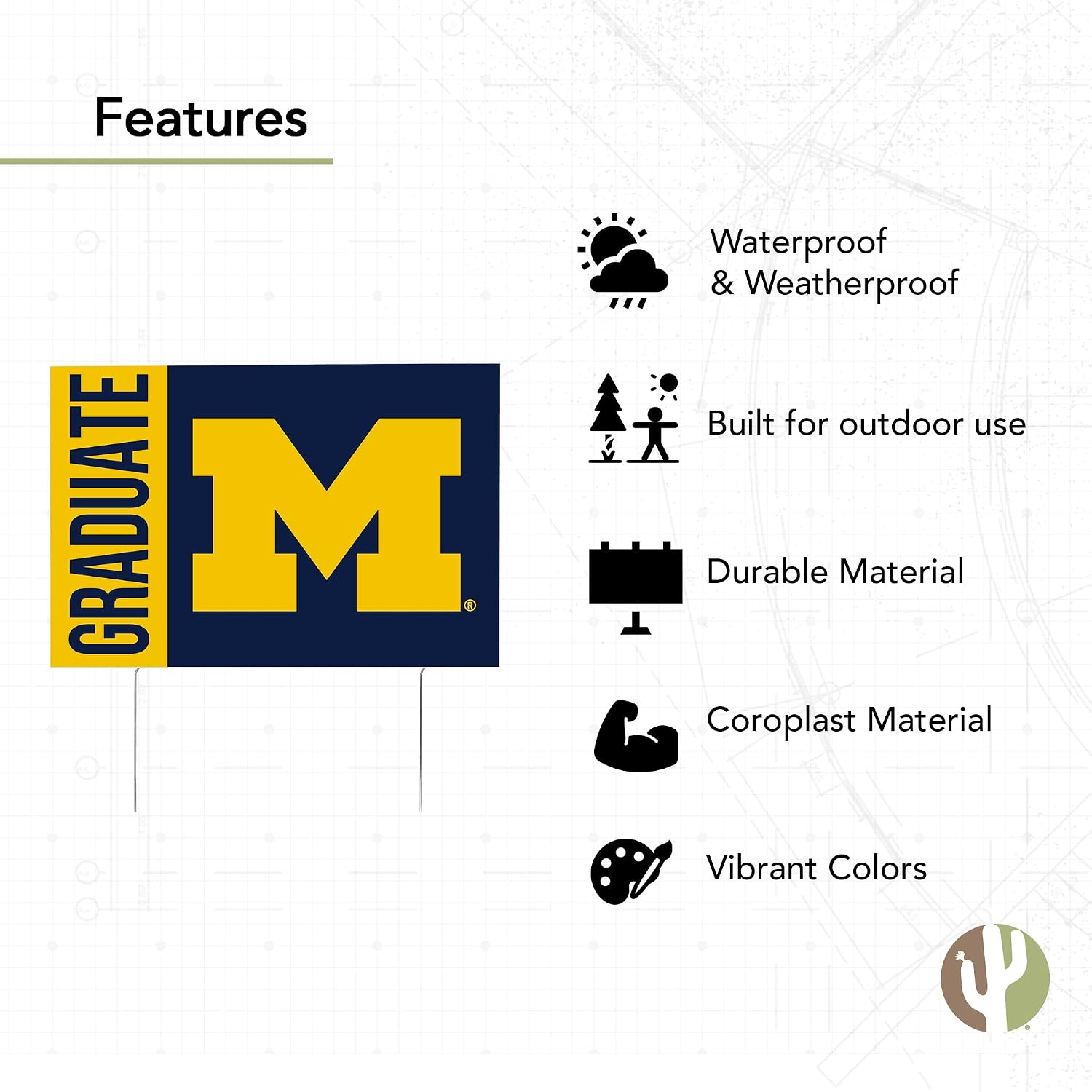 Desert Cactus University of Michigan Wolverines 12x18" Graduate Graduation Celebration Yard Sign Graduates Outdoor Lawn Display with Stakes (Grad Sign 3)