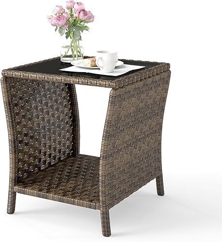 Mesa auxiliar de mimbre para exteriores, mesa auxiliar de ratán para patio con parte superior de cristal, almacenamiento de ratán para patio,