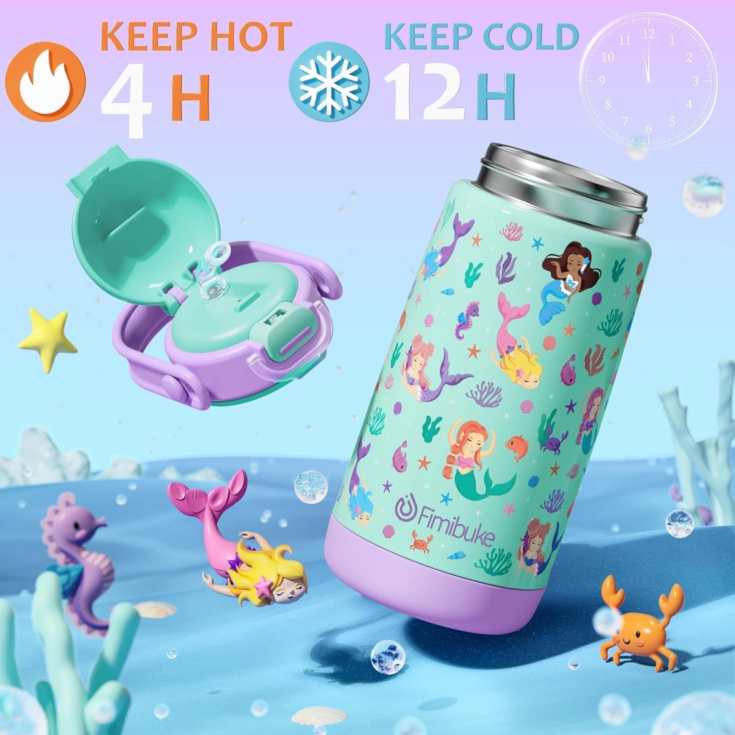 Fimibuke Kids Insulated Water Bottle with Straw Lid & Handle - 14oz BPA FREE 18/8 Stainless Steel Metal Tumbler Leak Proof Double Wall Vacuum Kids Cup Toddler Water Bottle for School Boys Girls - Image 5