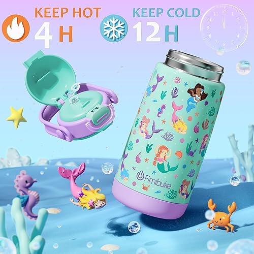 Miniatura 5 de Fimibuke Botella de agua aislada para niños con tapa de popote y asa, 14 onzas, sin BPA, vaso de metal de acero inoxidable 188 a prueba de fugas,