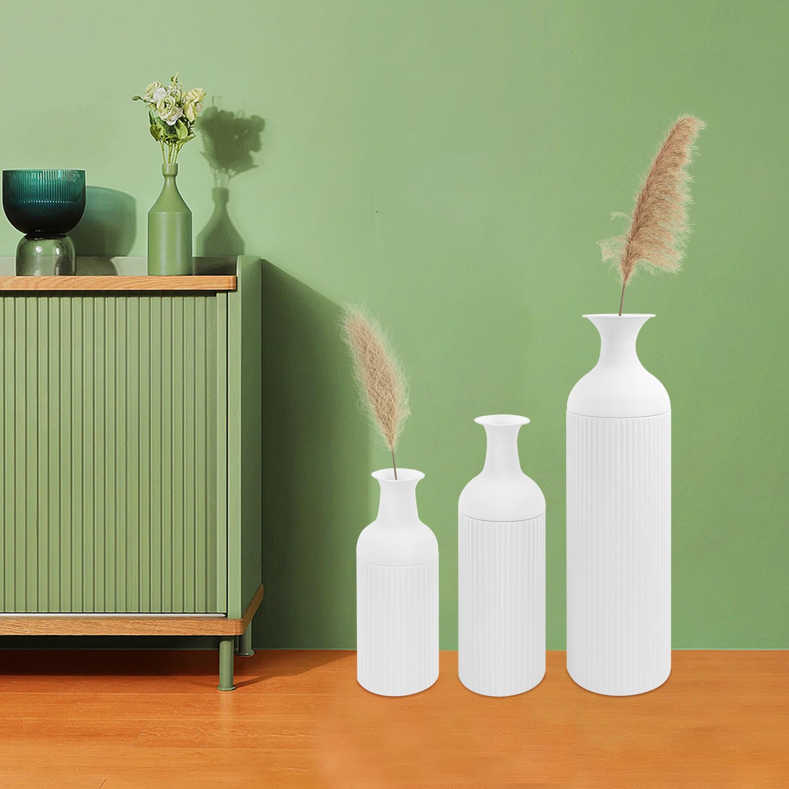 3er Set Bodenvase Groß Vasen, Metal Boden Tischplatte Blumenvasen, Moderne Deko für Wohnzimmer, Tisch, Regal, Kaminsims, Eingangs zum Pampasgras & Trockenblumen (Groß+Medium+Klein, Weiß)