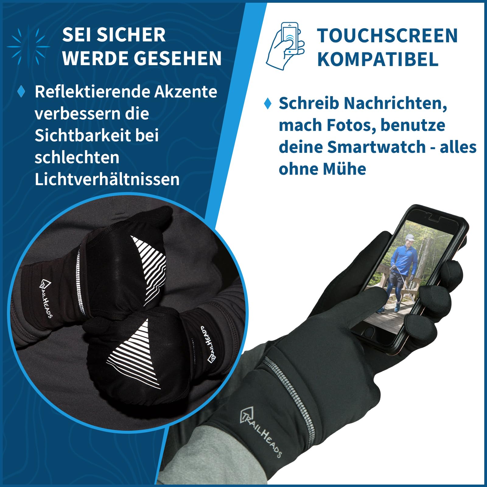 TrailHeads Laufhandschuhe mit Touchscreen-Funktion und Wasserfester Außenhülle | Leicht & Hochsichtbar - 2 Farben