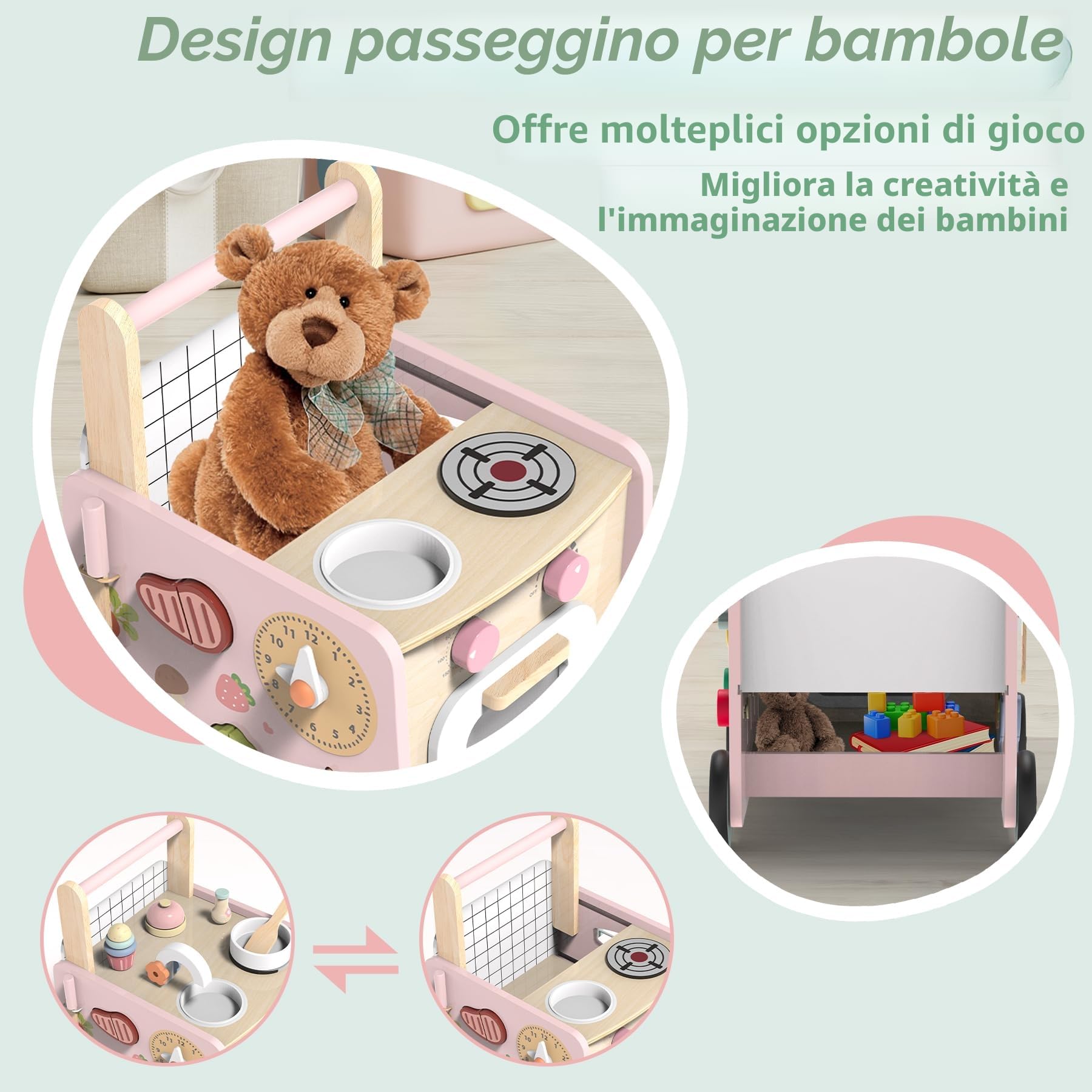 Girello Bambini Legno 9 in 1 Carrello Primi Passi con Giocattoli Montessori Cucina da Gioco, Regalo Natale