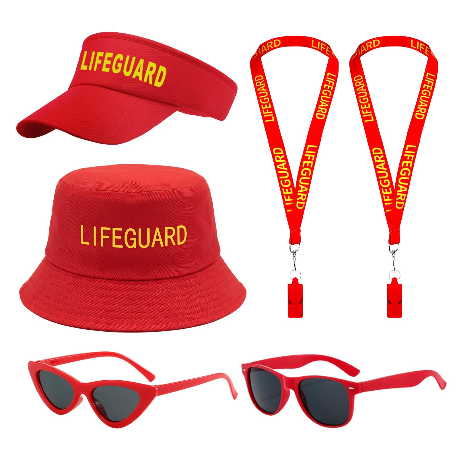 Beamely 6pcs Lifeguard Costume Set for Adults, Fancy Dress Accessories with Bucket Hat Visor Hat 2 Sunglasses 2 Whistles for Women Men Beach Pool Party Halloween Cosplay Carnival