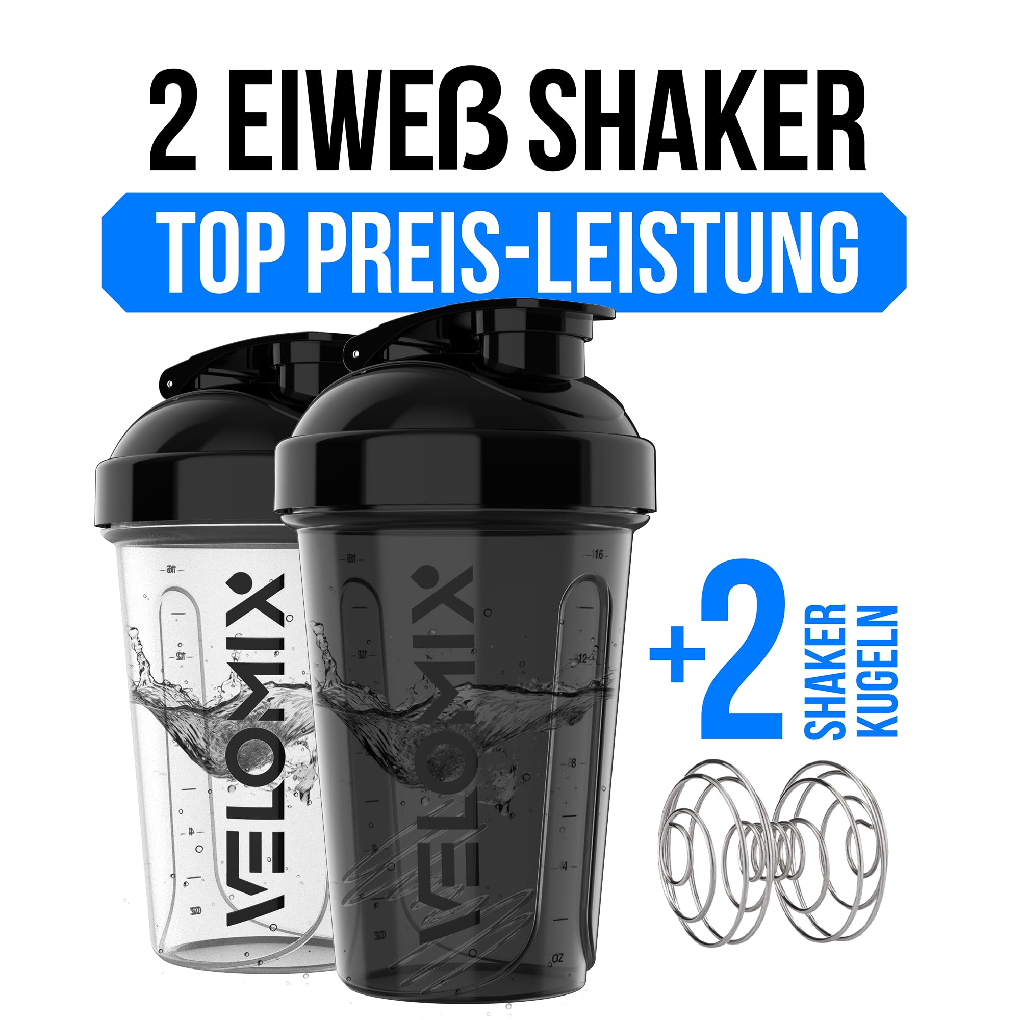 VELOMIX -2 PACK- 600ml Eiweiß Shaker - Auslaufsicher Shaker Proteinshake Mit 2x Kugel | Drehverschluss & Mess-Skala Shake Becher | Spülmaschinengeeignet & Stackable Protein Shaker (Black/Transparent)