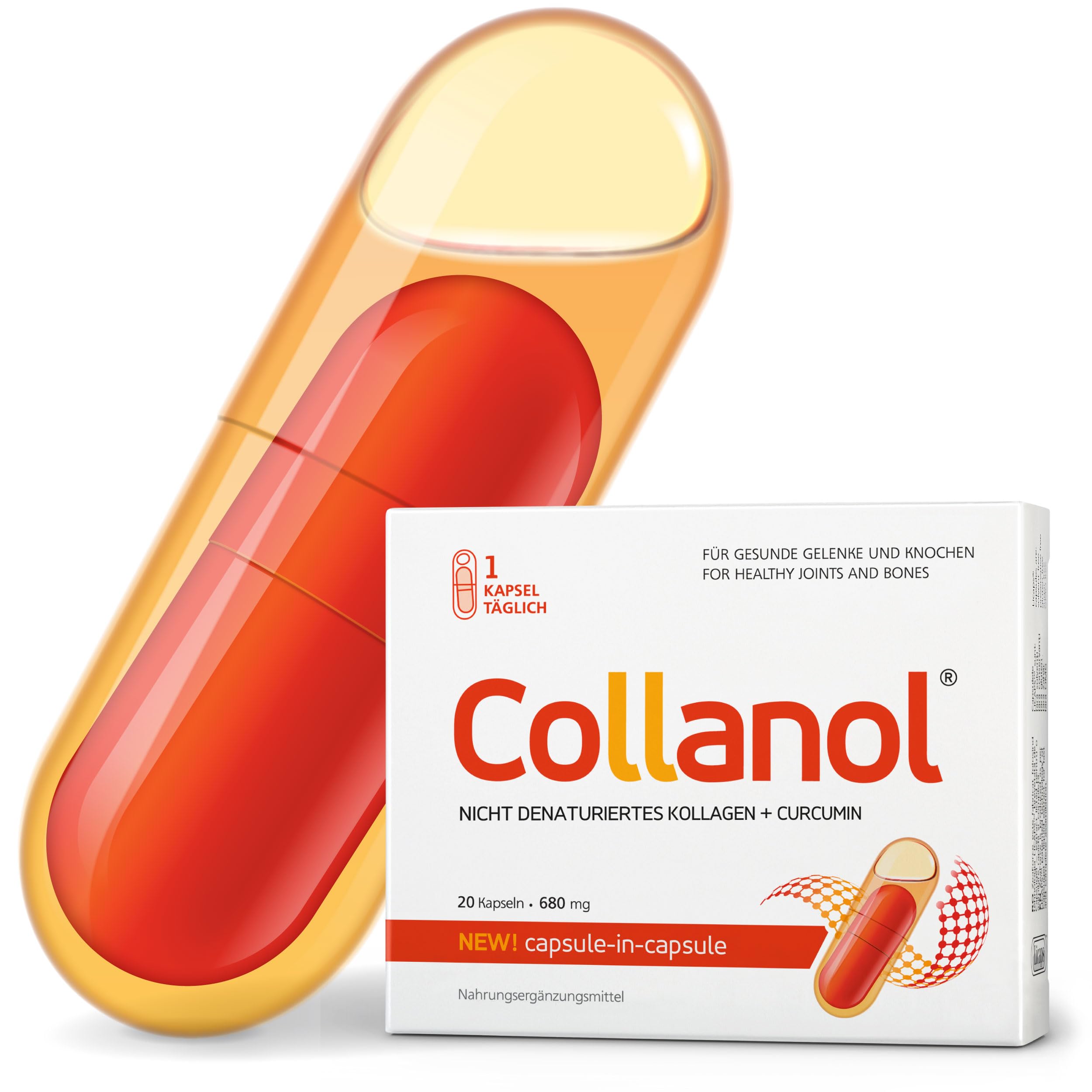 Collanol – Innovation in der Pflege gesunder Gelenke. Flüssige Formel in einer Doppelkapsel 3D- Kollagen + Mizell-Extrakt von Curcumawurzeln 1 Kapsel/Tag. Laborgeprüft (20 Kapseln)
