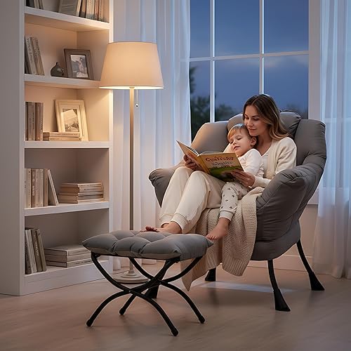 Miniatura 9 de Welnow - Silla perezosa con otomana, moderna silla de descanso con reposabrazos y bolsillo lateral, sillón de sofá tapizado de ocio, sillón de Gris