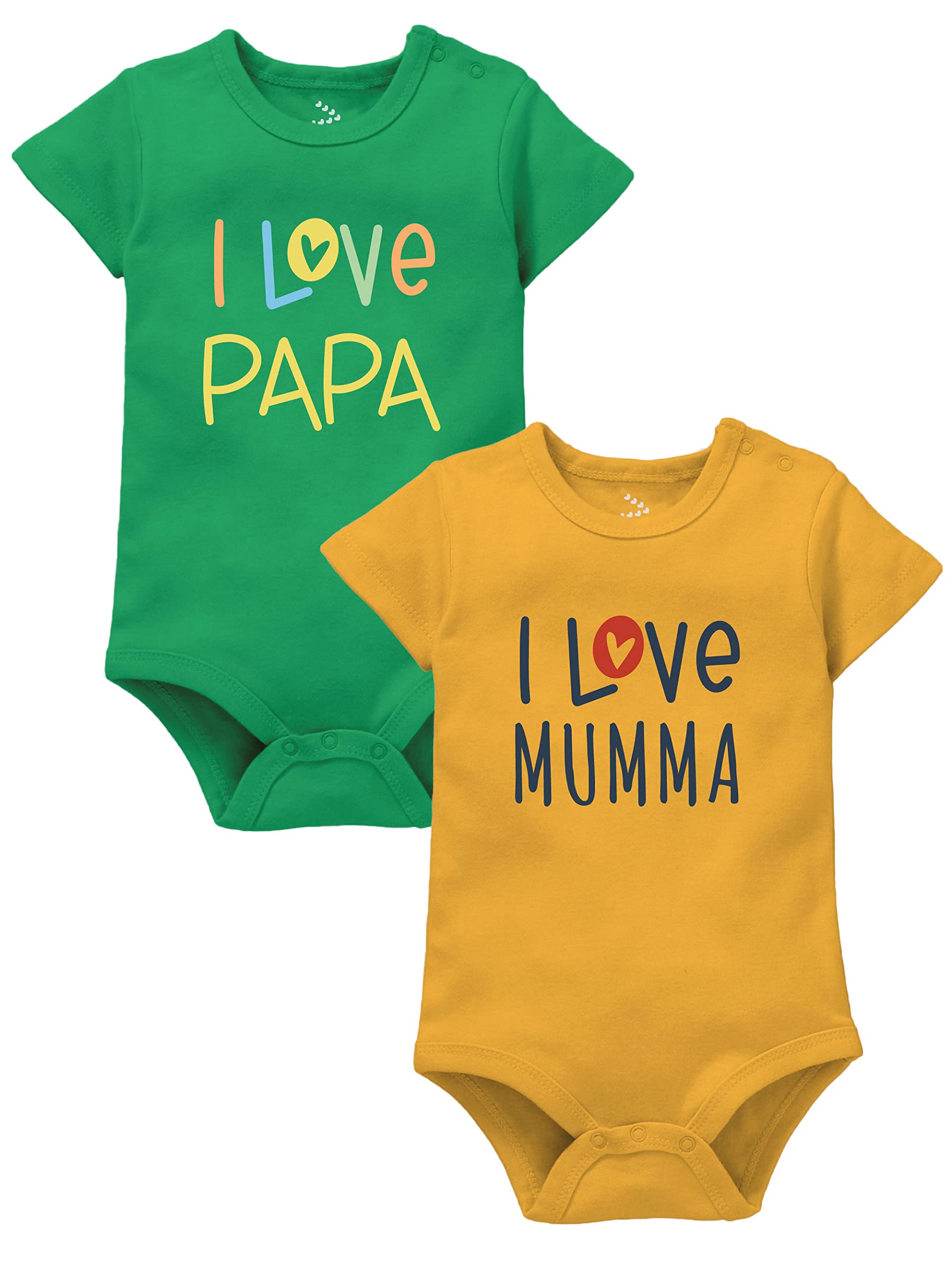 ZeezeezooMommy/Daddy Theme Baby Onesie Bodysuit Romper Sleepsuit Infant Boy & Girl - I love Papa & I love Mumma, Green & Yellow, 3 Months-6 Months