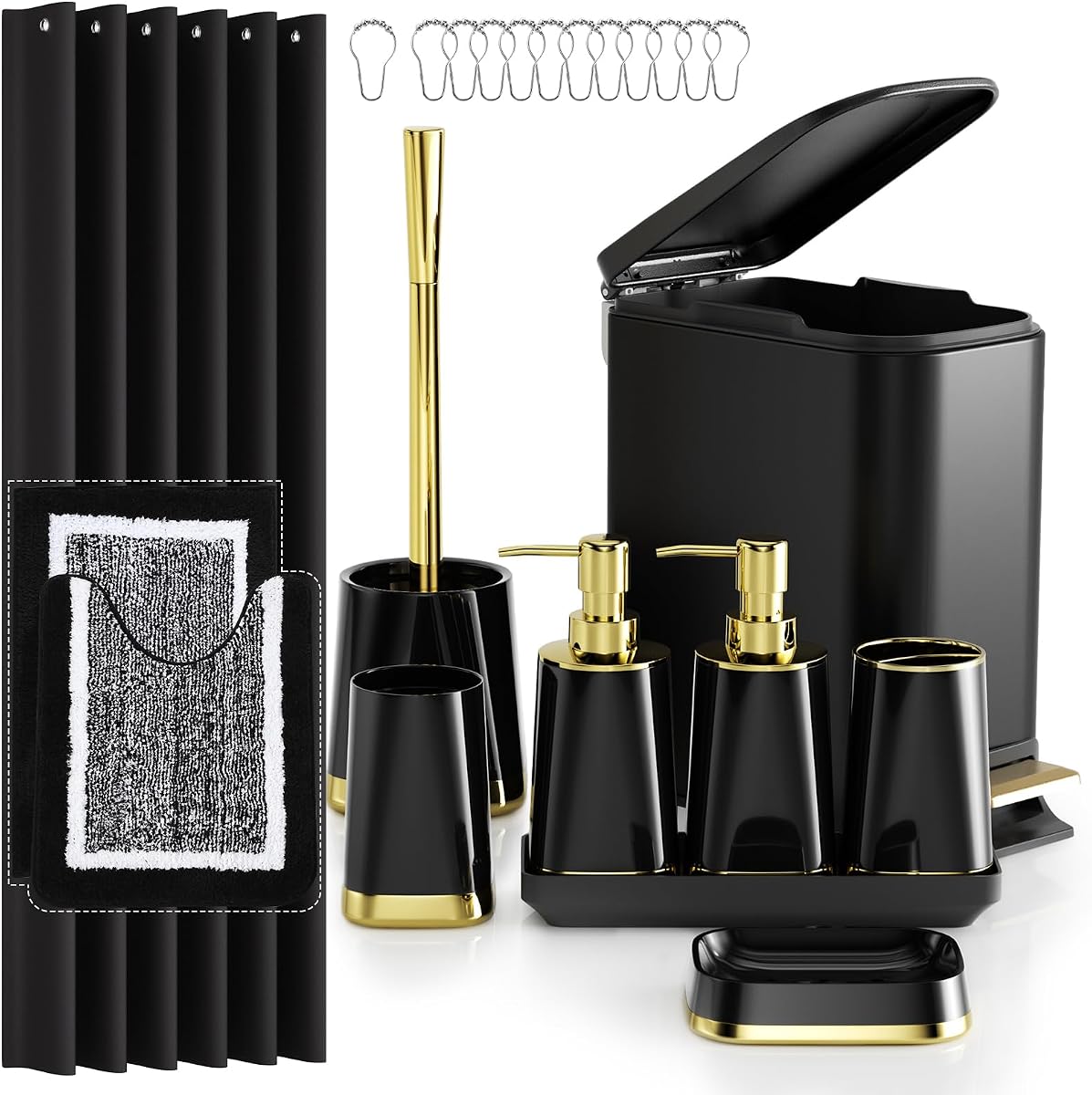 Juego de accesorios de baño: juego de baño negro de 23 piezas, juegos de baño con cortina de ducha y alfombras, lujoso bote de basura de acero inoxidable, escobilla de baño y jabonera