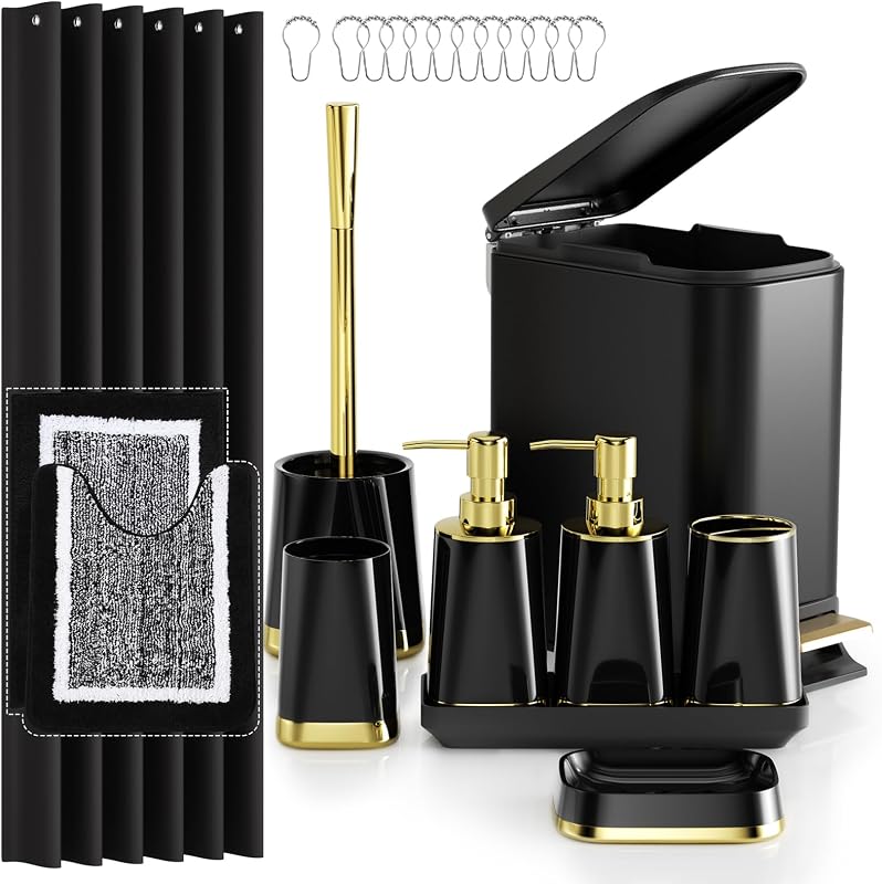 Juego de accesorios de baño: juego de baño negro de 23 piezas, juegos de baño con cortina de ducha y alfombras, lujoso bote de basura de acero inoxidable, escobilla de baño y jabonera