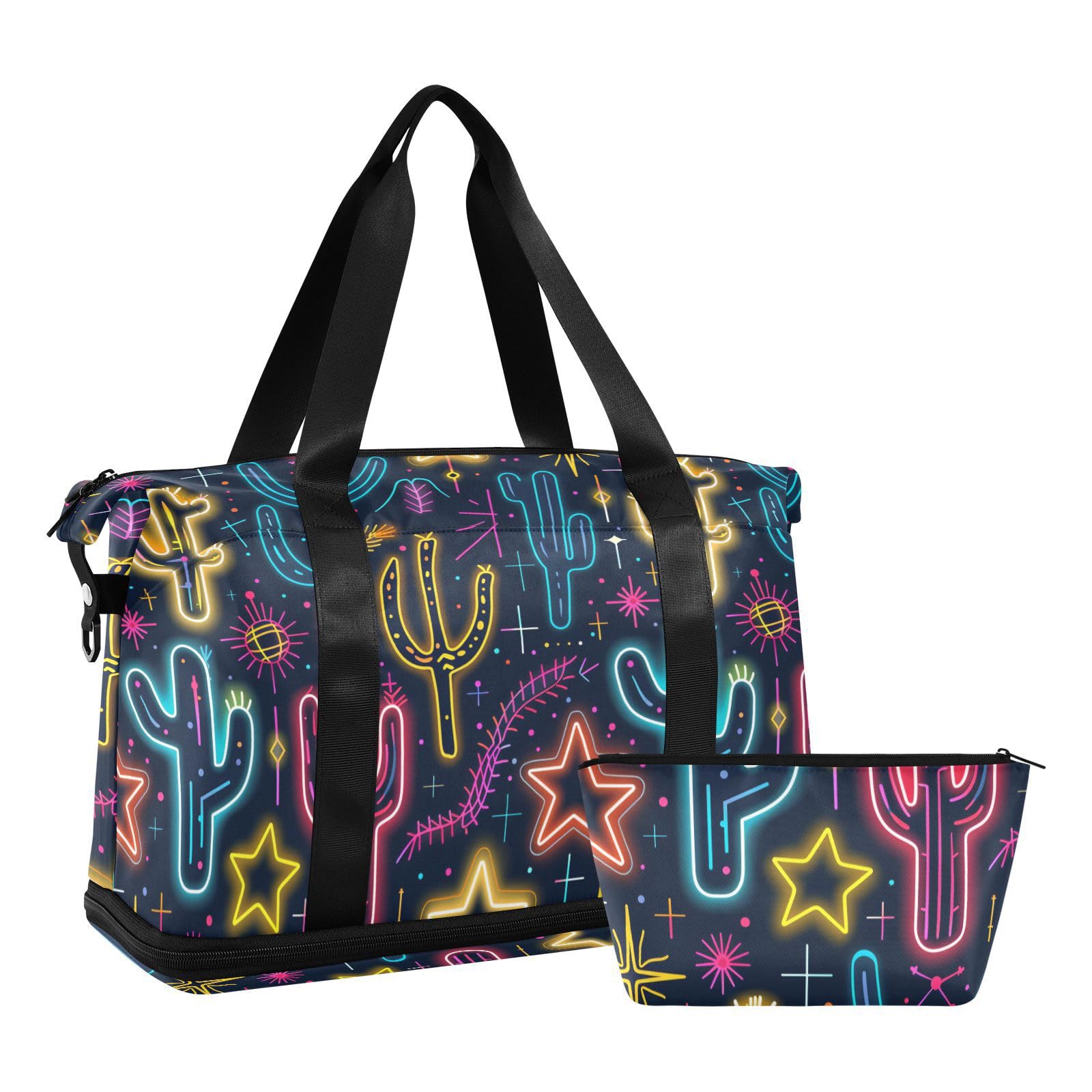 Sac de voyage surdimensionné avec poche humide et sangle réglable pour randonnée, imperméable, motif cactus fluo brillant
