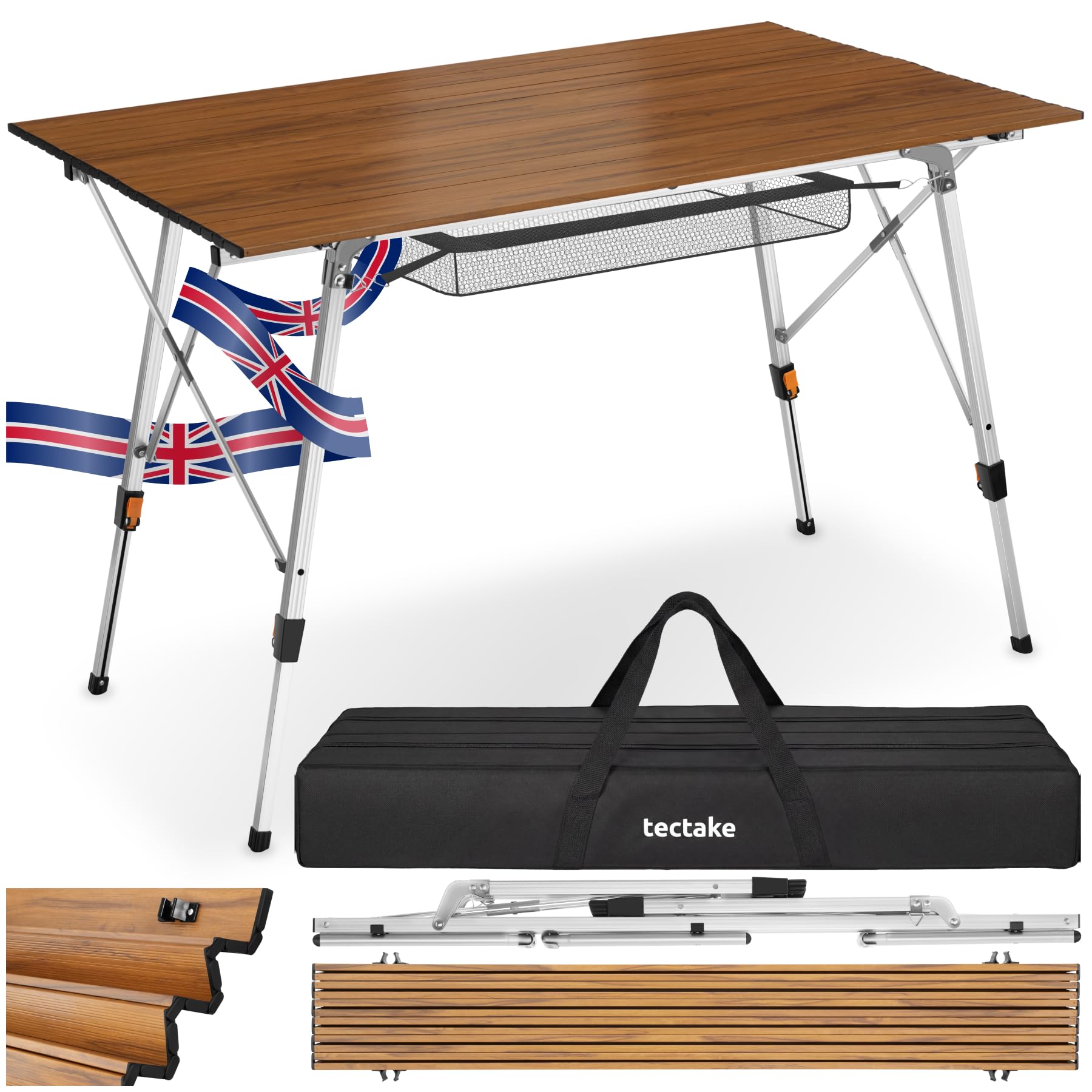 tectake® Folding Camping Table, 120 x 70.5 x 58-79 cm, Height-Adjustable Foldable Table, Lightweight Aluminium, Portable Outdoor Table with Storage Net & Carry Bag for Camping, Picnic, BBQ - Wood Look