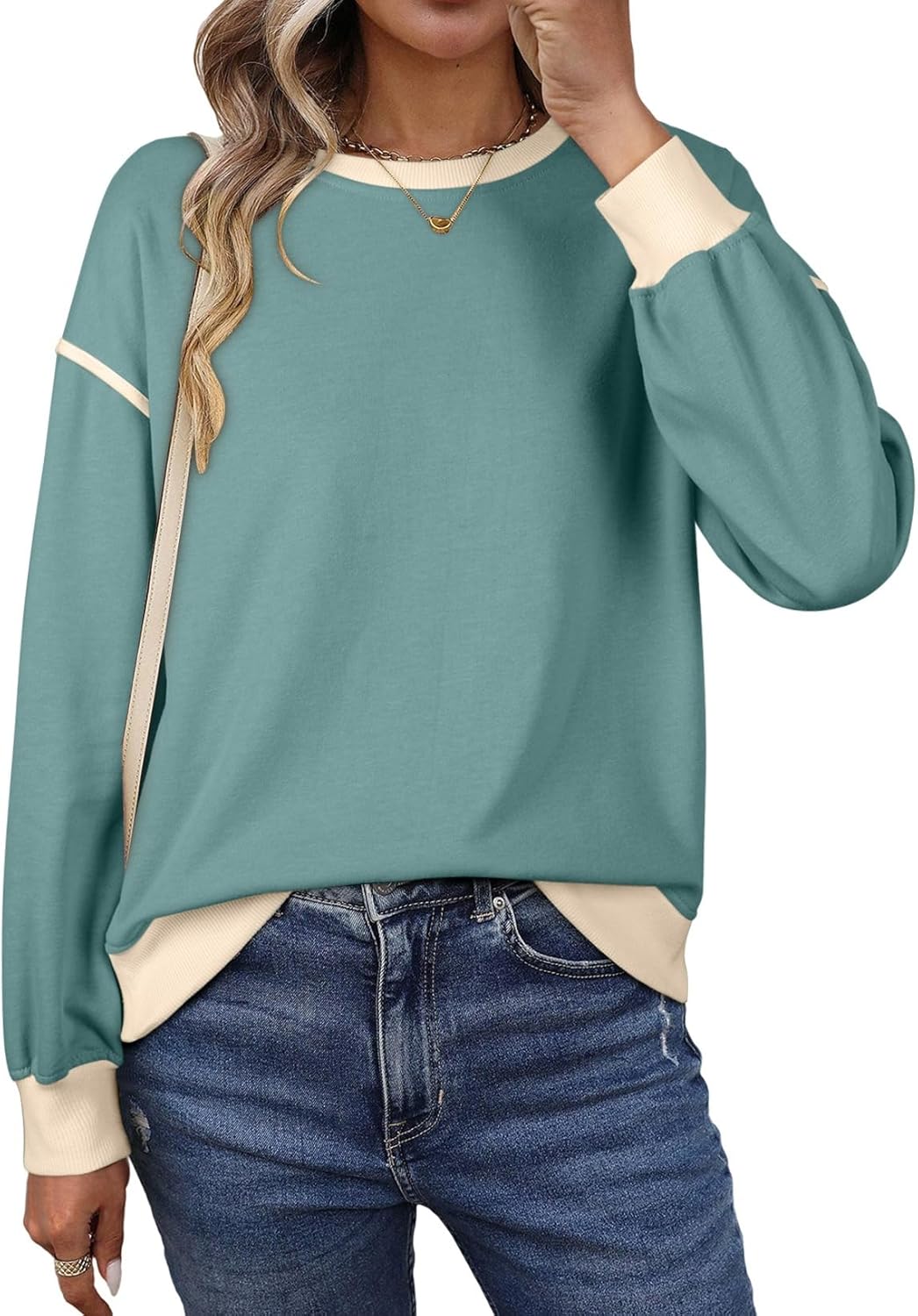 SHEWIN Womens Sweatshirt Casual Long Sleeve Lightweight Crewneck Sweatshirts Loose Solid Contrast Trim Pullover Tops