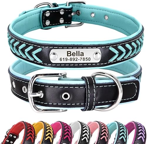 Didog - Collar de cuero para perro con grabado personalizable para perros pequeños medianos y grandes Blue, Blue Set, Hot Pink, Hot Pink Set, Pink,