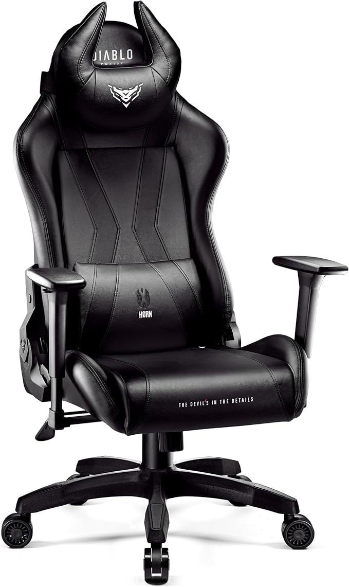 Diablo Gaming Stuhl X-Horn 2.0 Bürostuhl Gamer Chair Schreibtischstuhl 3D Armlehnen Ergonomisches Design Nacken/- Lendenkissen Kunstleder Wippfunktion Schwarz King (XL)