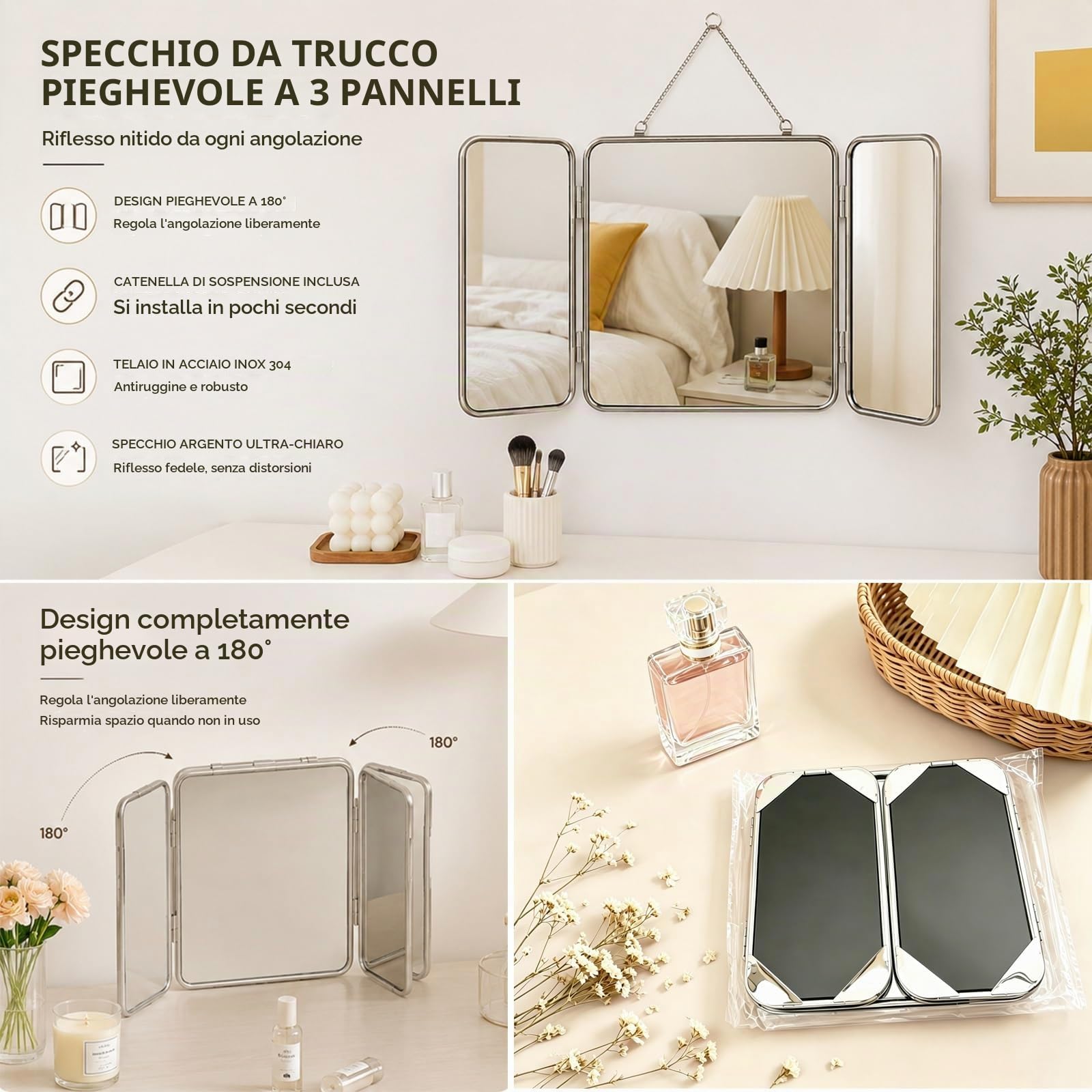 Specchio da Trucco Quadrato A Tre Ante, Specchio da Parete con Cornice in Acciaio Inossidabile 304, Specchio Decorativo HD 30 * 60 Cm, per Bagno, Camera da Letto