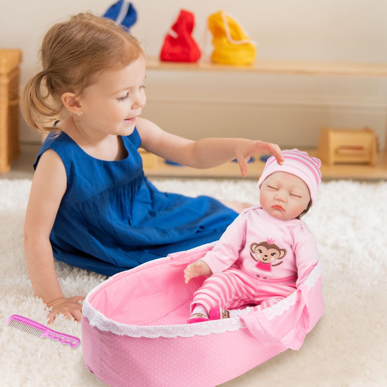 Reborn Baby Doll Clothes Bassinet Set 17-22 Inch Pink Outfit with Portable Basket for Newborn Babydolls Girl Baby Doll Accessories 8 Pieces