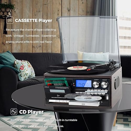 Miniatura 7 de Tocadiscos retro 9 en 1 con altavoces integrados, reproductor Reocrd con Bluetooth, radio AMFM, CD, cassette, reproducción USBSD, control remoto y