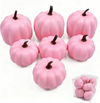 Ghrdopy Fake Pumpkins, 7 Pcs Pink Artificial Pumpkins, Plastic Pumpkins for Thanksgiving Party Table Centerpiece Autumn Home Decoration
