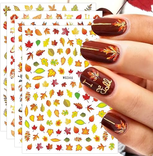 JMEOWIO 10 Sheets Fall Autumn Nail Art Stickers Decals Self-Adhesive Pegatinas Uñas Pumpkin Maple Leaf Thanksgiving Nail Supplies Nail Art Design