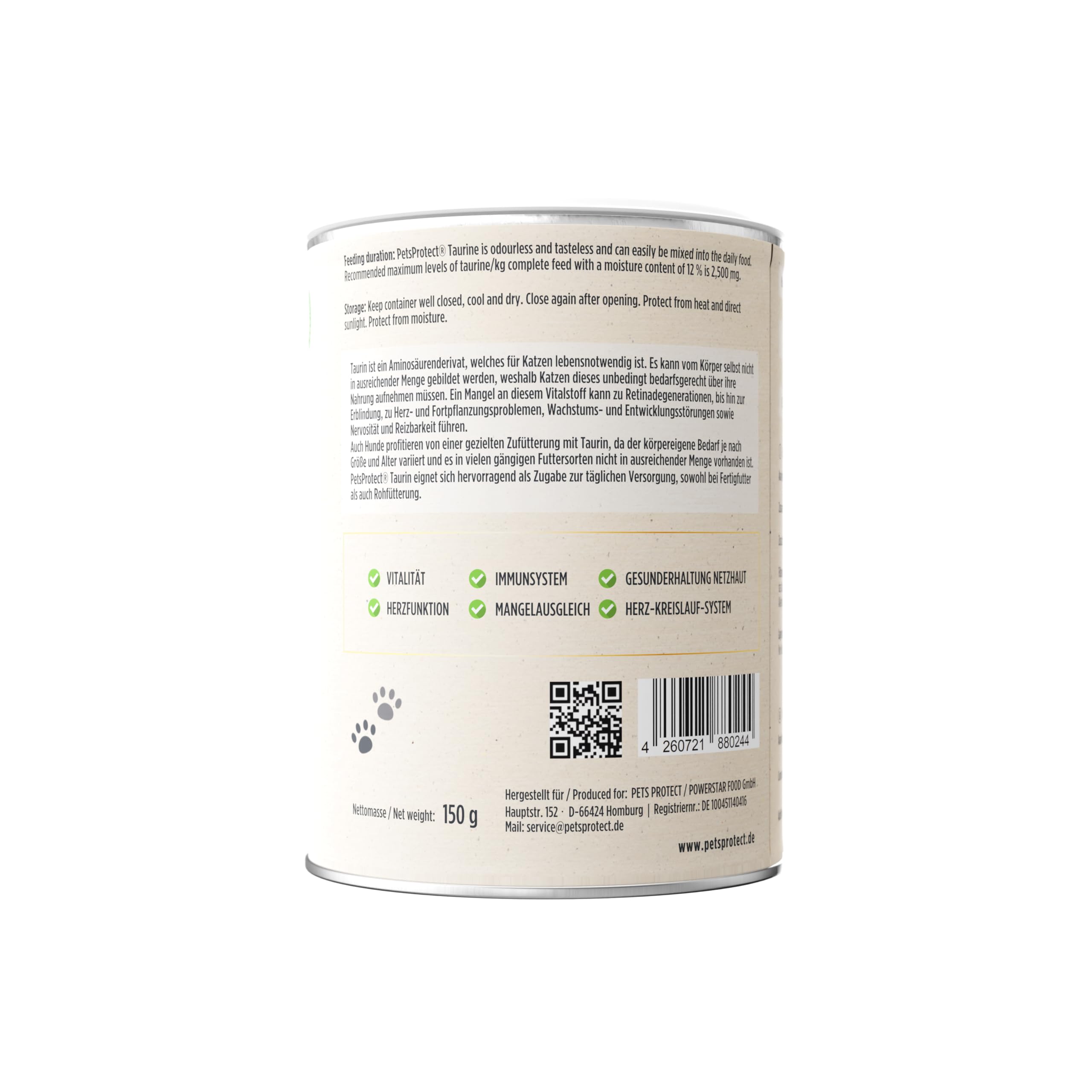 Pets PROTECT Pets Perfect Taurine Powder 150 g, Adatto a Cani e Gatti di Tutte Le età, Supporta la Normale Funzione oculare, promuove la vitalità e la Normale Funzione cardiovascolare