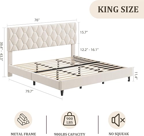 Miniatura 2 de GarveeHome Base de cama de plataforma tamaño Queen con cabecera tapizada y soporte de listones de madera, base de colchón tapizada, no necesita