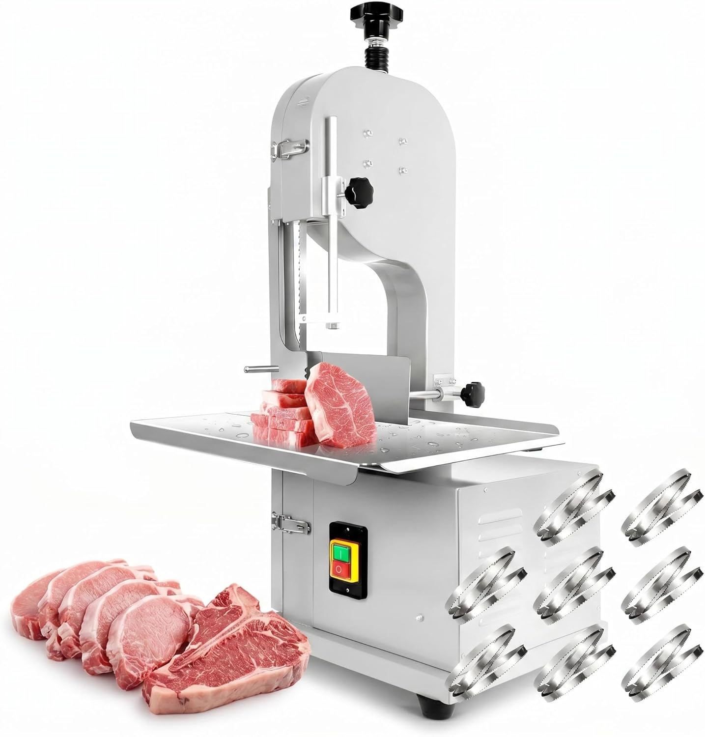 Commercial 1500w electric meat band saw/bone cutter, heavy-duty, with a cutting thickness of 0.39 * 7.9 inches and a 20 * 16 inches workbench, suitable for sawing chicken, fish, ribs, and beef.