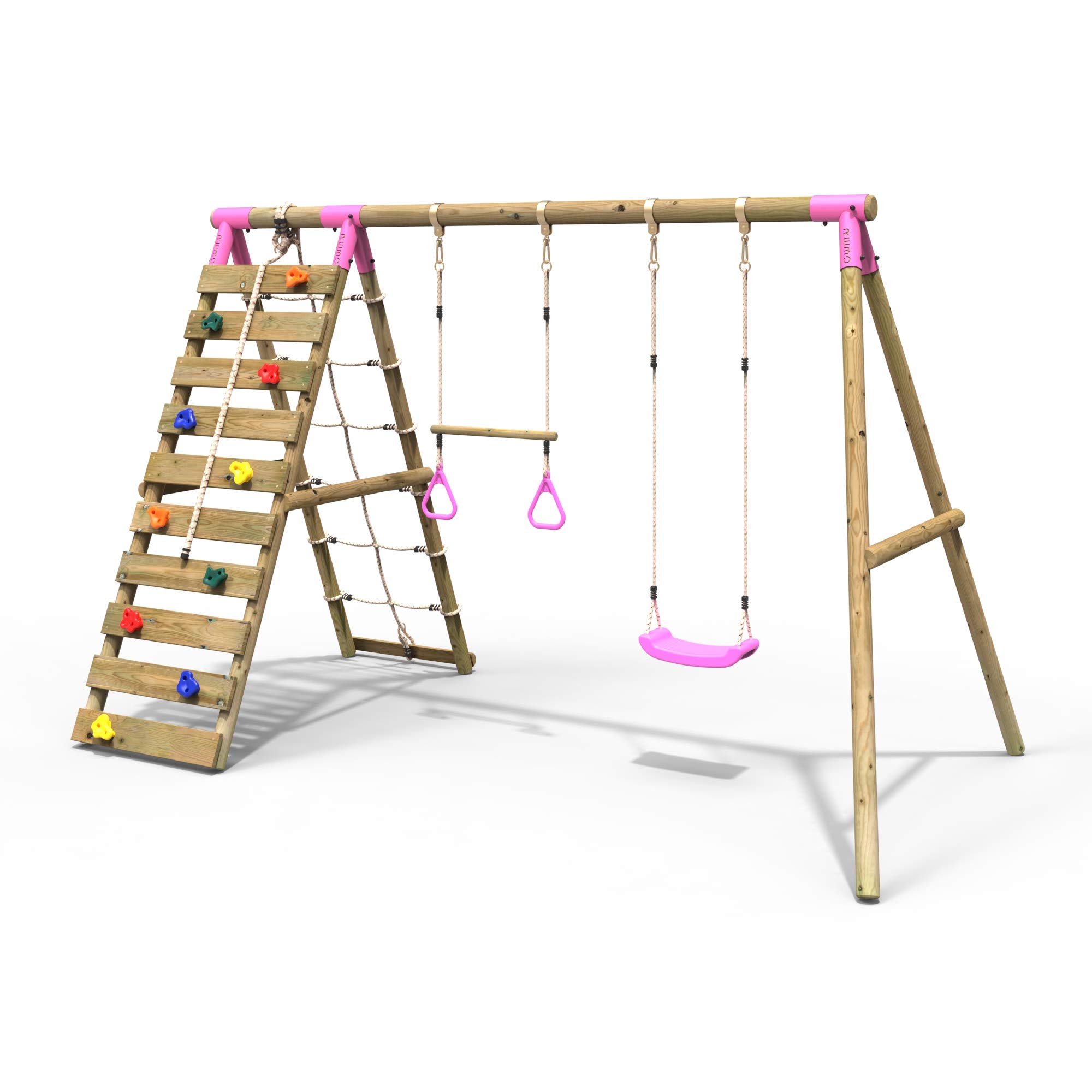 Rebo Wooden Swing Set With Up And Over Climbing WallSavannah Pink from B&Q