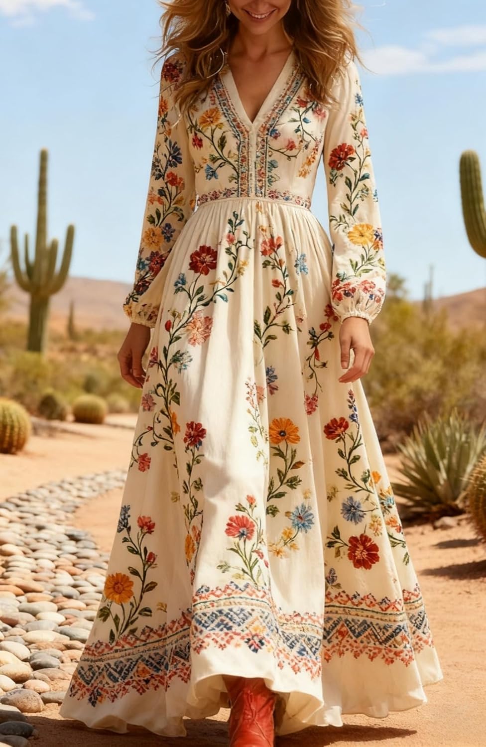 Women's Floral V Neck Maxi Dress 2026 Spring Summer Long Sleeve Casual Boho Wedding Guest Vacation Dress