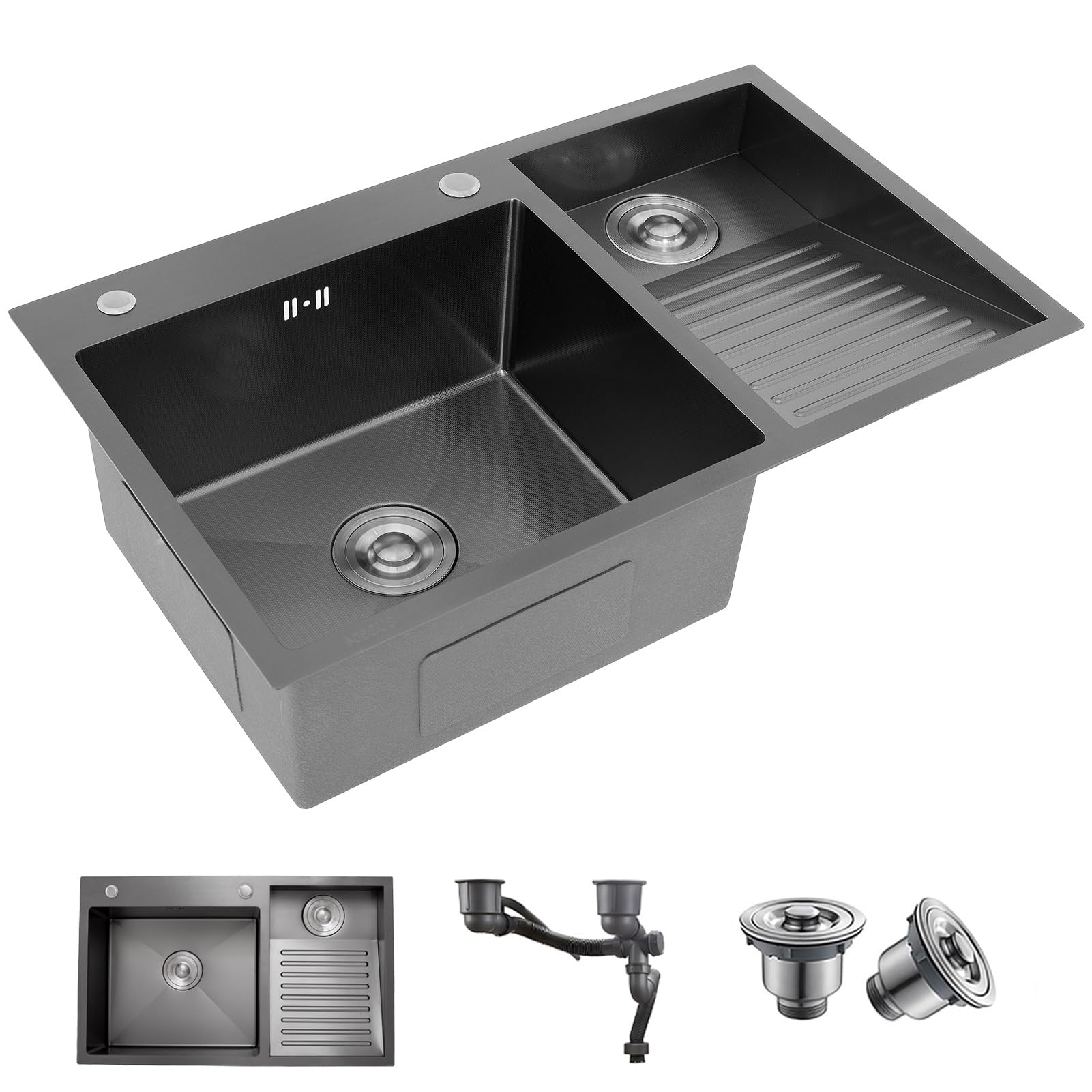 Nano Black Stainless Steel Double Bowl Topmount Laundry Room Sink 70cm with Washboard and Drain Pipe and Stylish Option for Laundry Room
