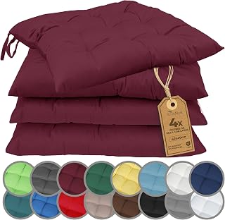 NatureMark Set de 4 Cojines para Sillas con Lazos 40x40 cm – Cojín de Asiento Relleno para Cocina, Jardín y Terraza – Color Rojo Burdeos