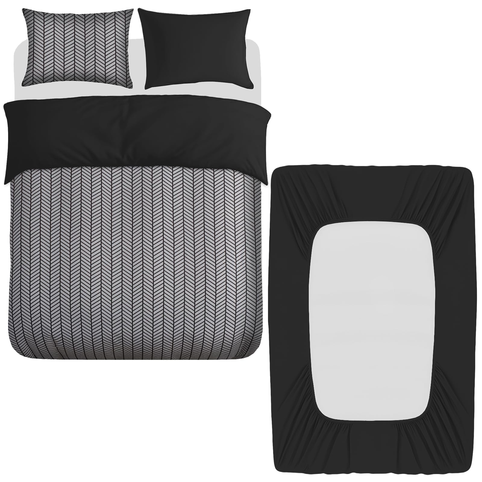 Pamposh 4 Pcs Double Duvet Set with Matching Black Double Fitted Sheet 40 cm Extra Deep Pocket - UltraSoft Breathable Premium Microfibre Reversible Quilt Cover Bedding Set For All Seasons
