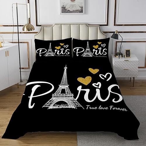 Miniatura 2 de Juego de colcha de la Torre Eiffel de París, juego de colcha de lentejuelas doradas, juego de edredón romántico francés con corazones encantadores,