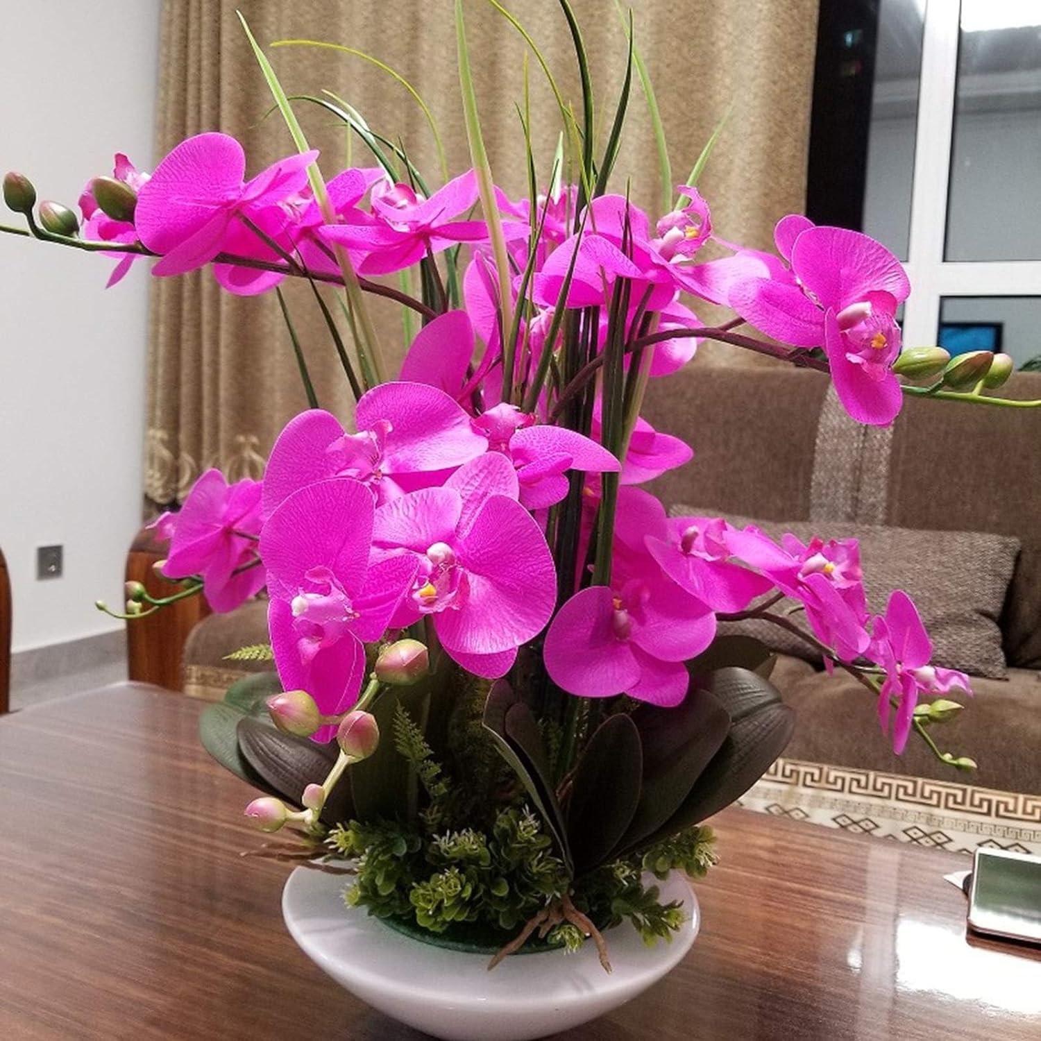 Orquídea artificial artificial de poliuretano, orquídeas artificiales, 7 ramas, flores artificiales de Phalaenopsis con jarrón, flores falsas de 50 cm, orquídeas sintéticas muy naturales