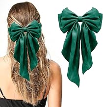 WEXUS Satin Oversized Hair Bows and Ribbons, Long Tail Bowknot Ponytail Barrettes, Metal Clips (GREEN.)