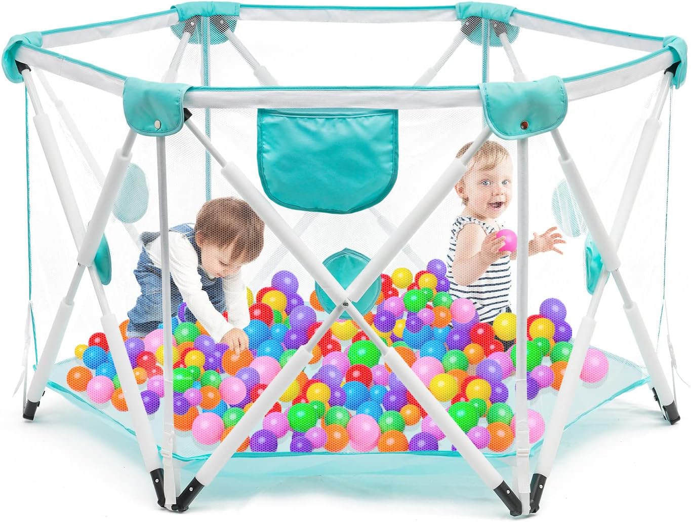 Parque Infantil para Bebé con Bolsa de Almacenamiento de Malla Transpirable Súper Suave Plegable y Portátil Hexagonal para Niños de 0 a 4 Edades, 55 x 26.7 x 30.7 pulgadas (verde)