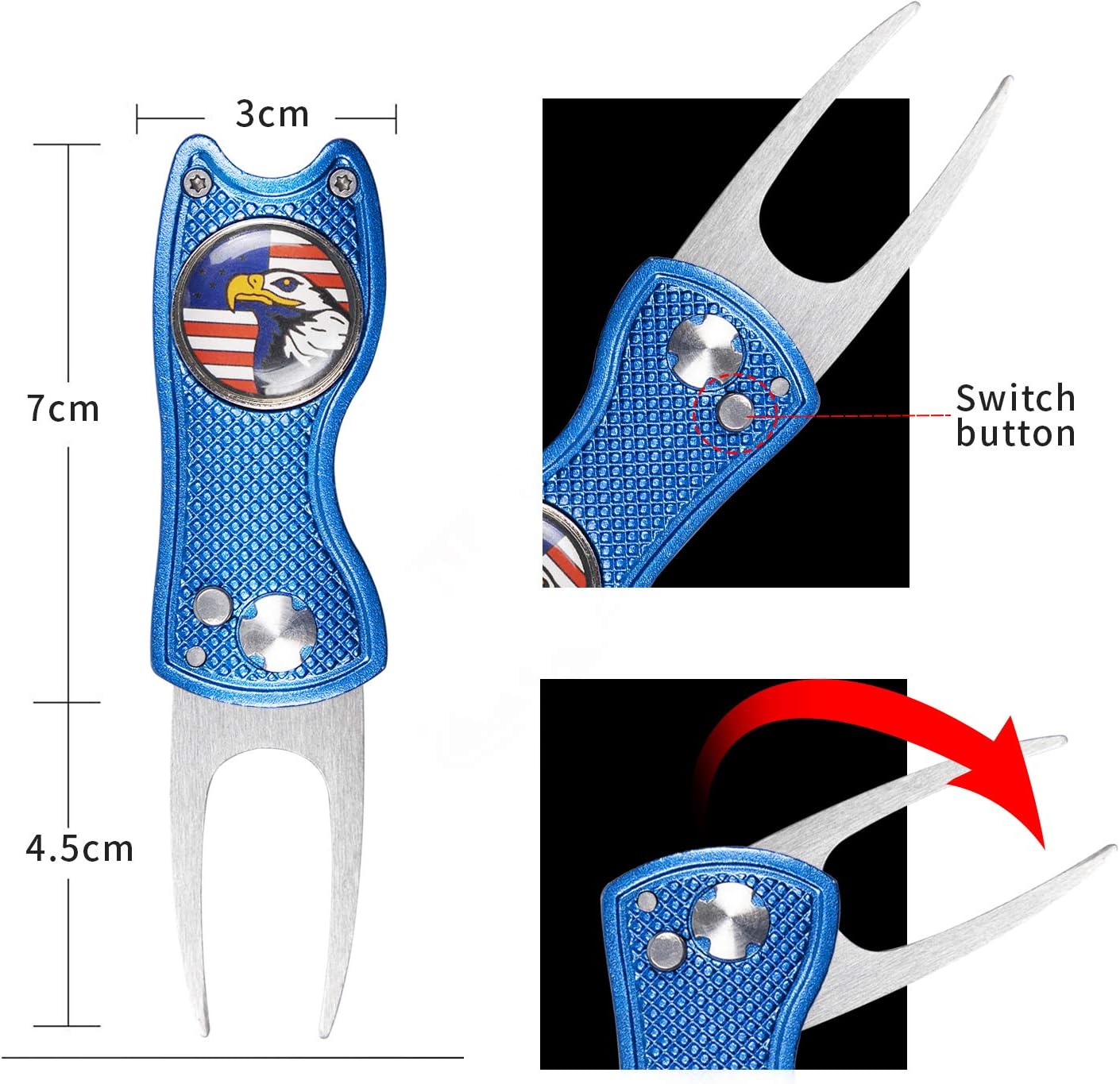 Metal Durable Switchblade Pop-up Button Golf Divot Tool Fold-able Portable Green Lawn Repair Detachable Ball Marker Golf Accessories（Blue/Eagle/Fish Shape）