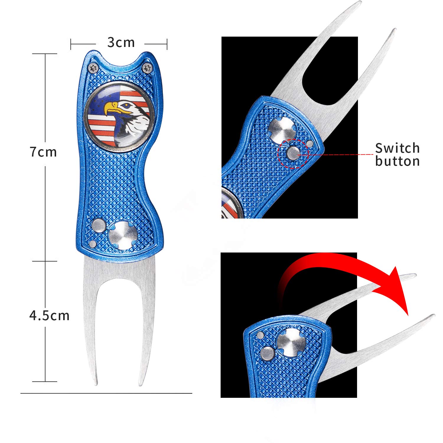 HAIYUE Metal Durable Switchblade Pop-up Button Golf Divot Tool Fold-able Portable Green Lawn Repair Detachable Ball Marker Golf Accessories?Blue/Eagle/Fish Shape?