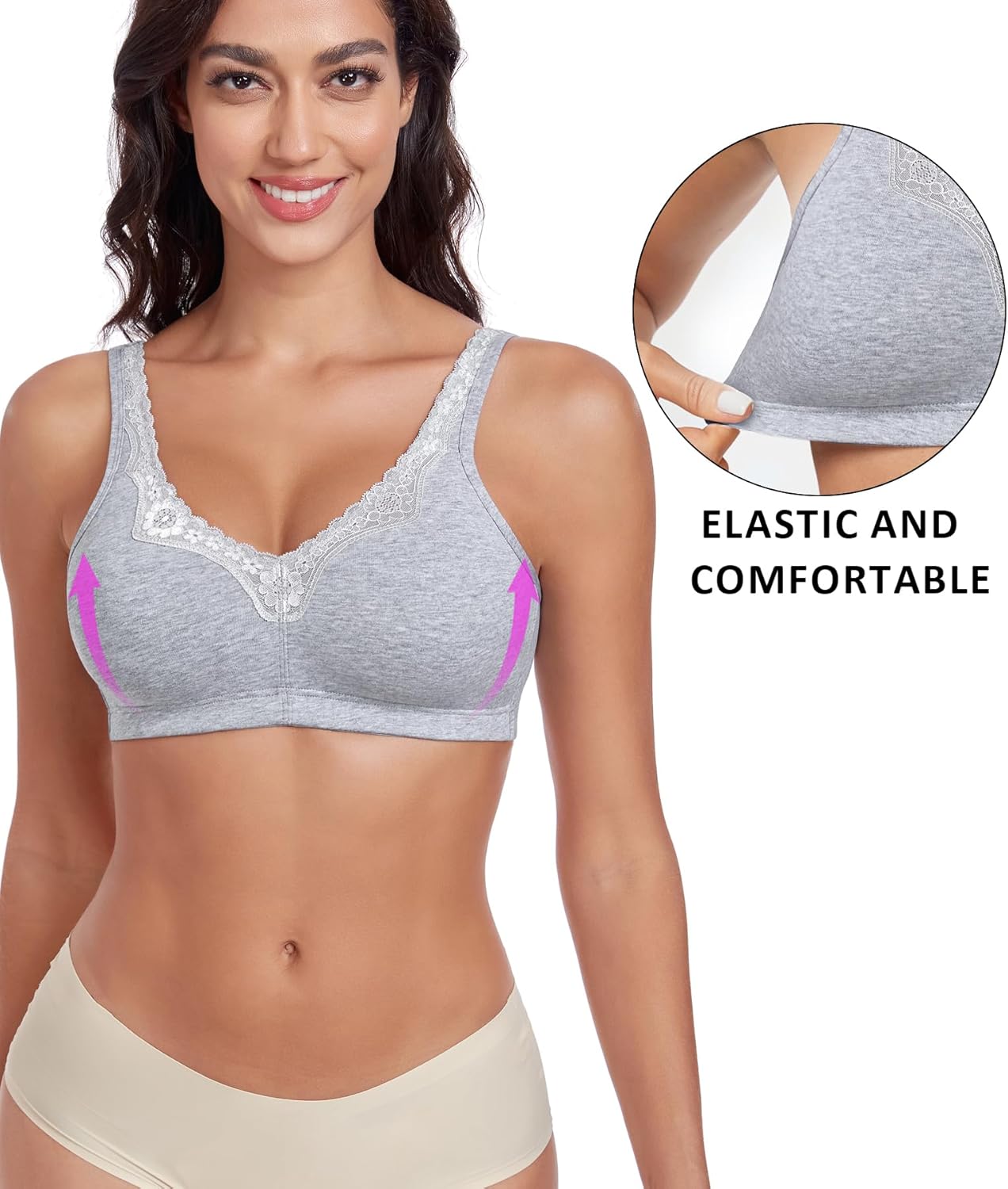 Women's Cotton Bra Non Padded Wirefree Lift Lace Floral Plus Size Comfort Everyday Bras - Image 5