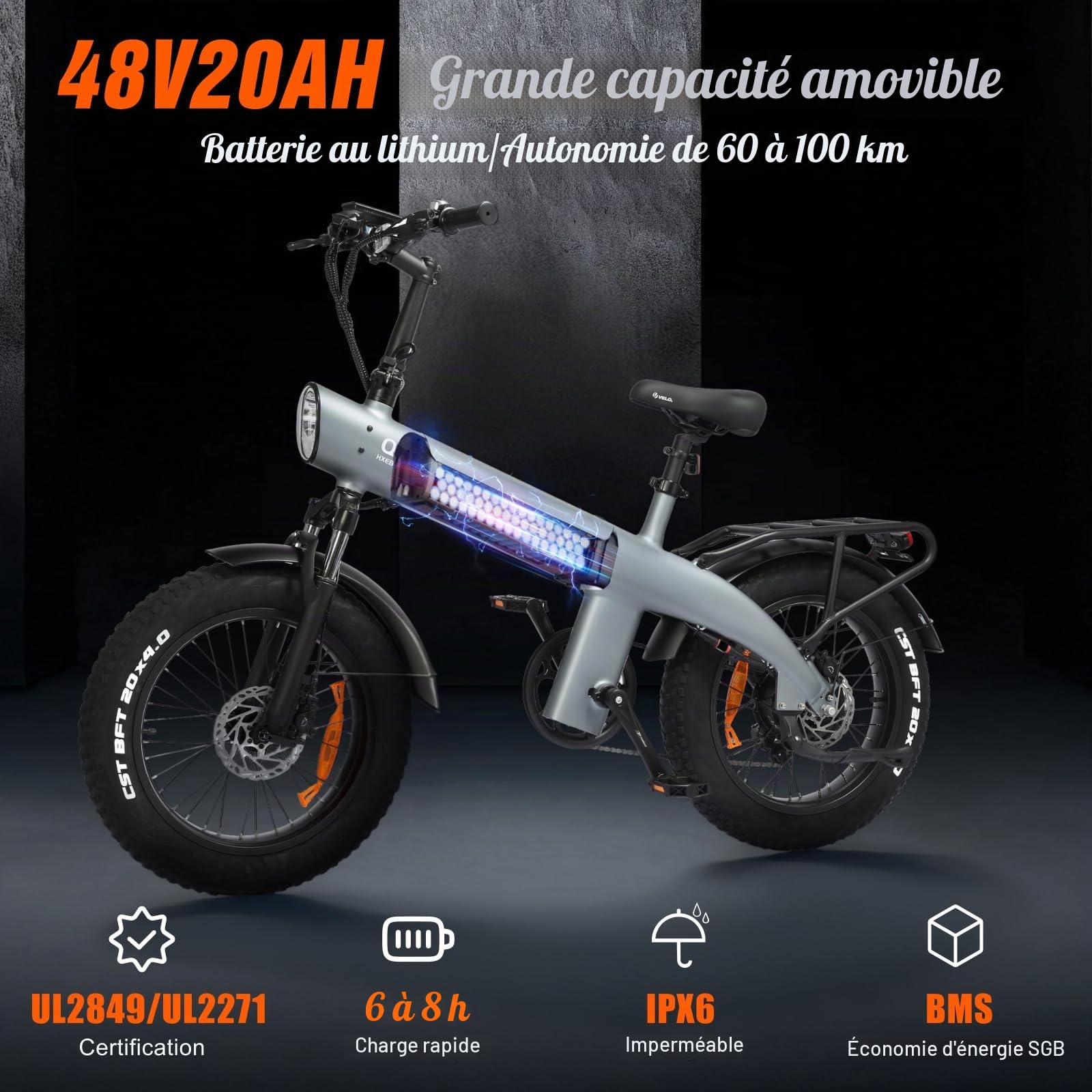 HX Q3 Vélo Électrique Adulte,Fat Bike Electrique 20" x 4.0,Cadre Inspiré du Dauphin,Vélo Électrique Tout-Terrain avec Porte-Bagages,Autonomie 80-120 km 25 km/h – S’adapte à Votre Mode de Vie